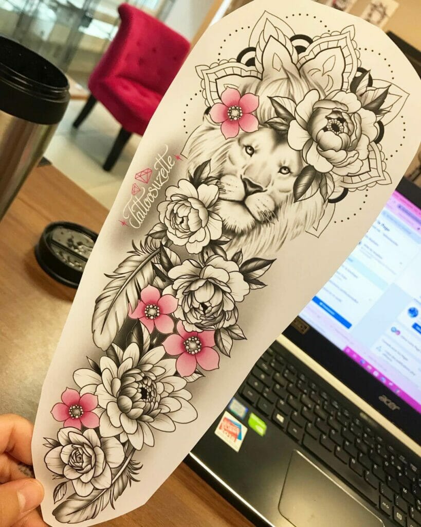Colourful Flower-Lion Tattoo Designs