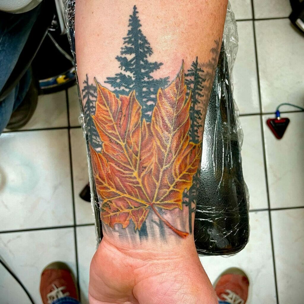 Beautiful Maple Tree And Maple Leaf Tattoo