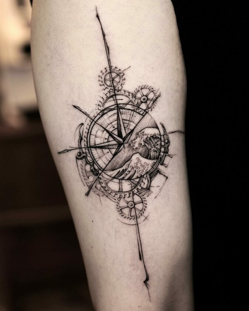 The Soaring Waves And The Vintage Compass Tattoo Design