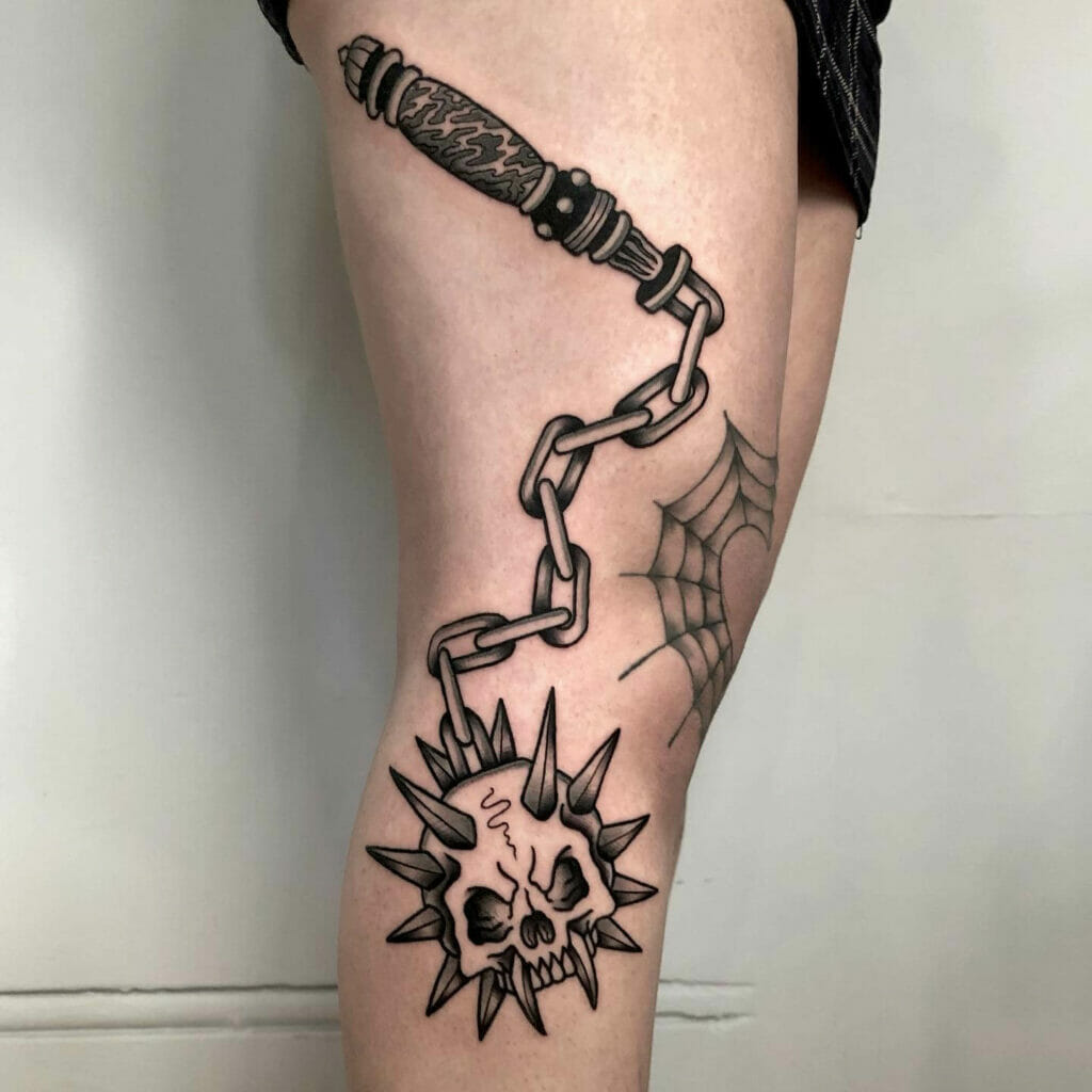 Skull Flail Tattoo For Thigh