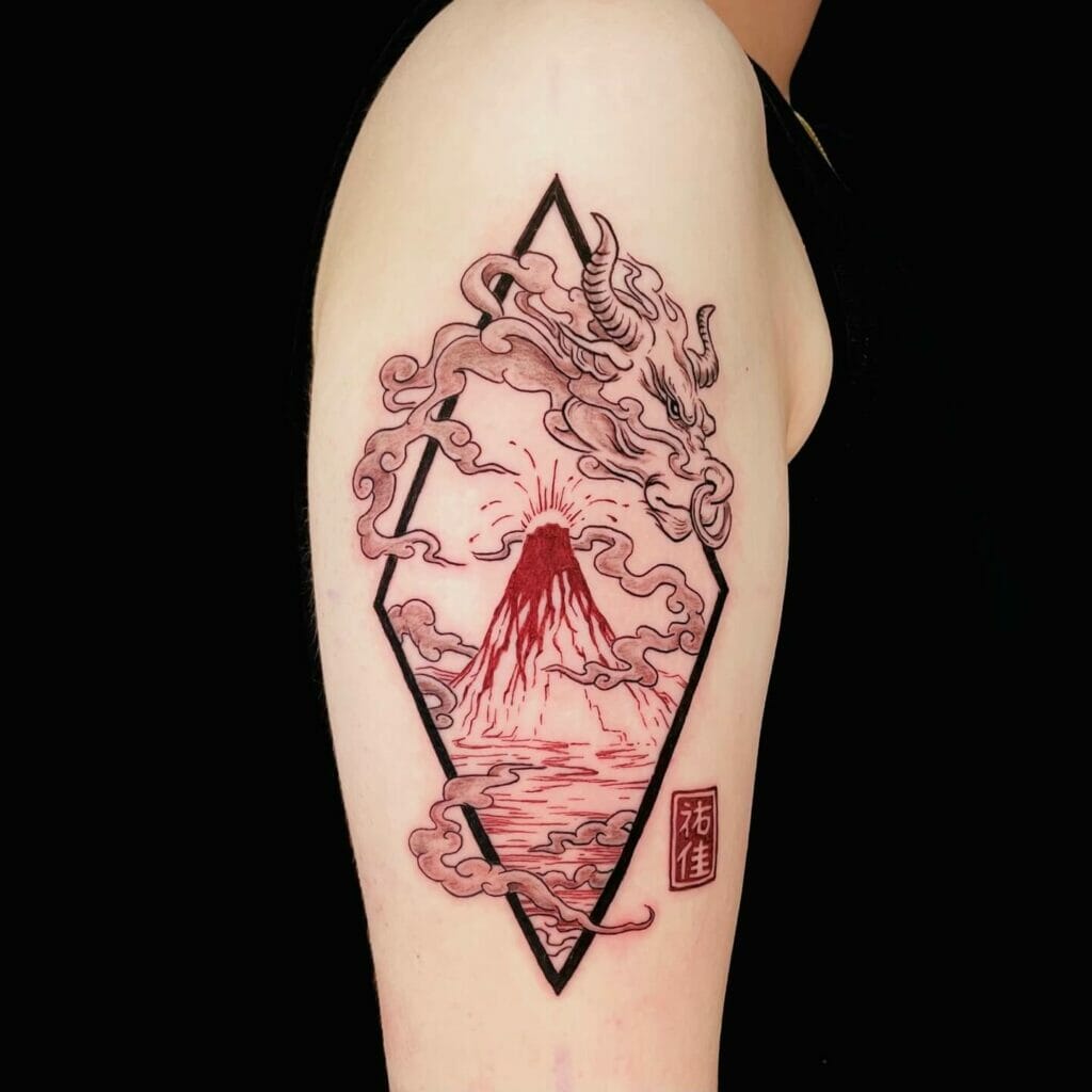 Japanese Cloud Shading Tattoo With A Volcano