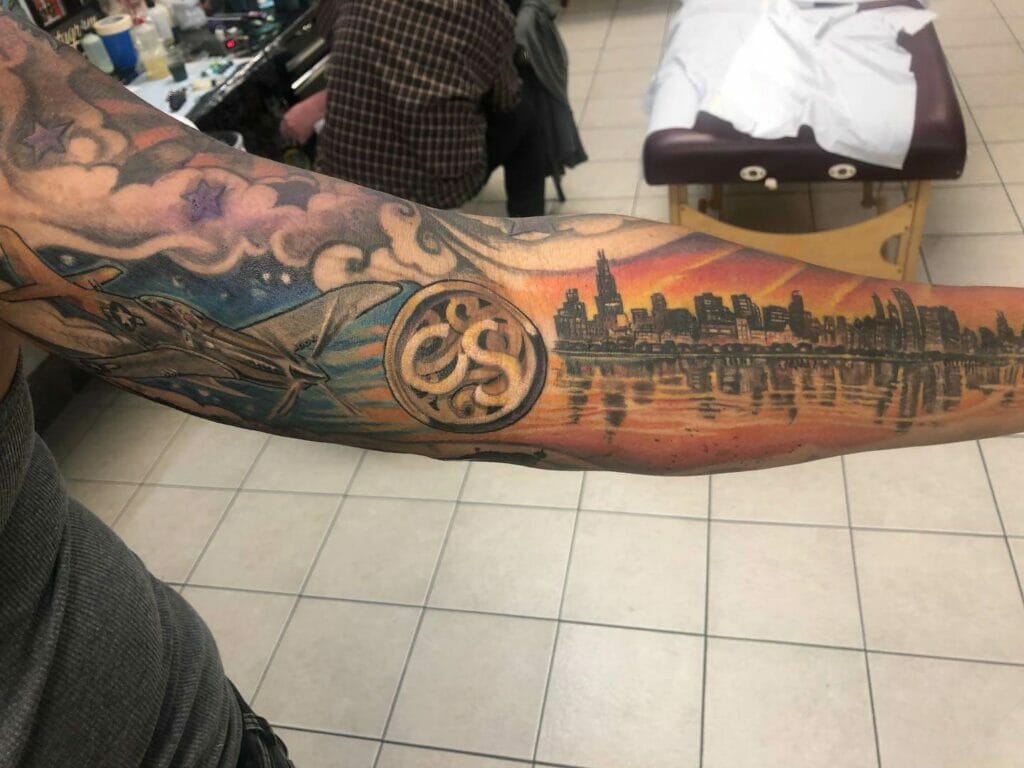 Coloured Chicago Skyline Tattoo