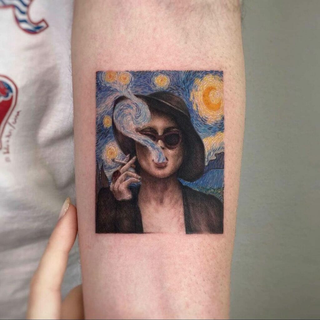 The Starry Night Background And Helena Bonham Stipple Shading Tattoo