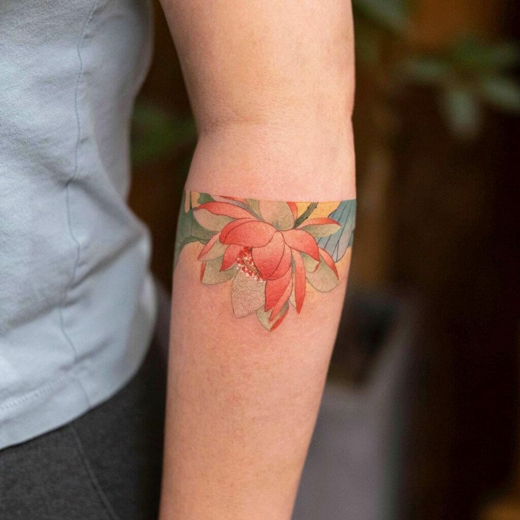 Colorful Lotus Armband Tattoo With Whip Shading Effect
