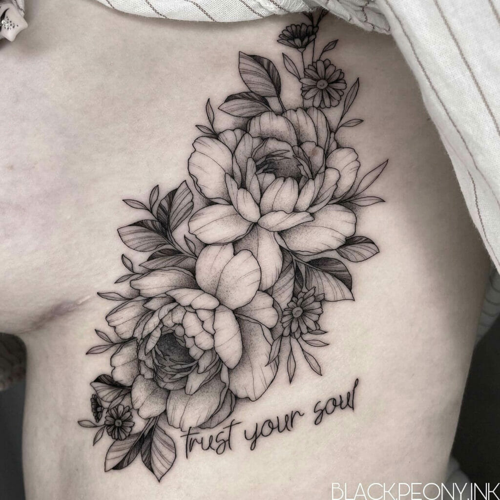 Side Boob Tattoo With Flowers And Quote