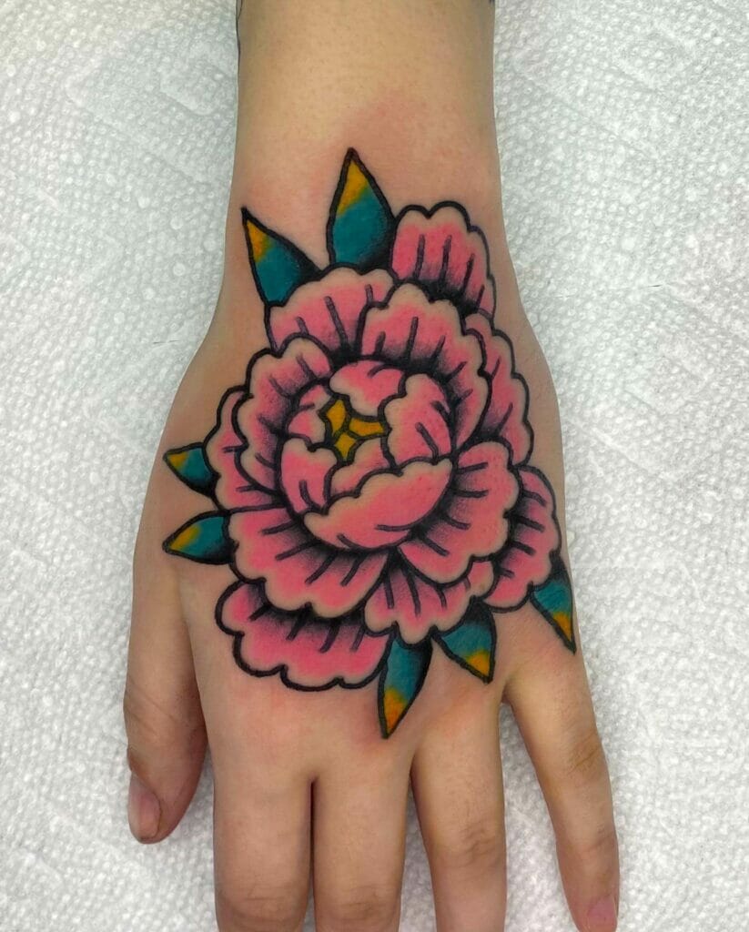 Pink Peony Flower Tattoo On The Reverse Side Of The Palm