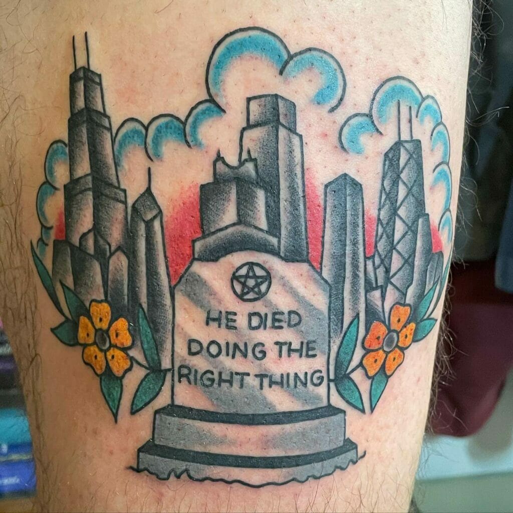 Chicago Skyline Tattoo With Tombstone