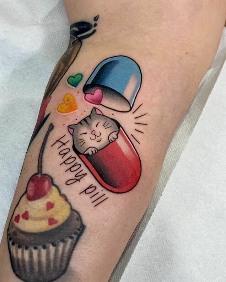 Adorable Happy Pill Tattoo