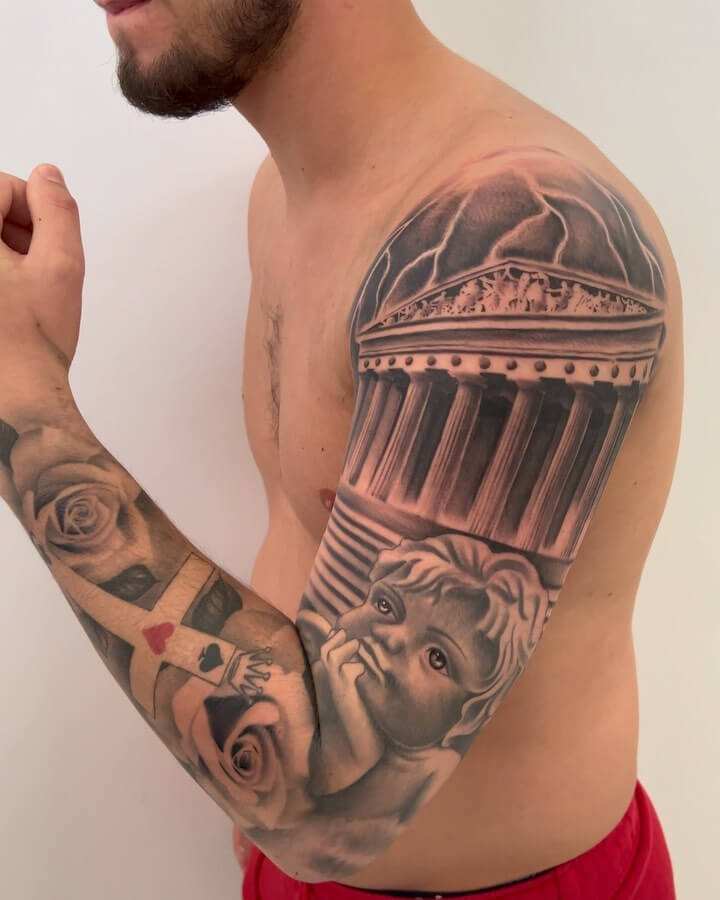 Cupid And Pantheon In The Background Tattoo Design