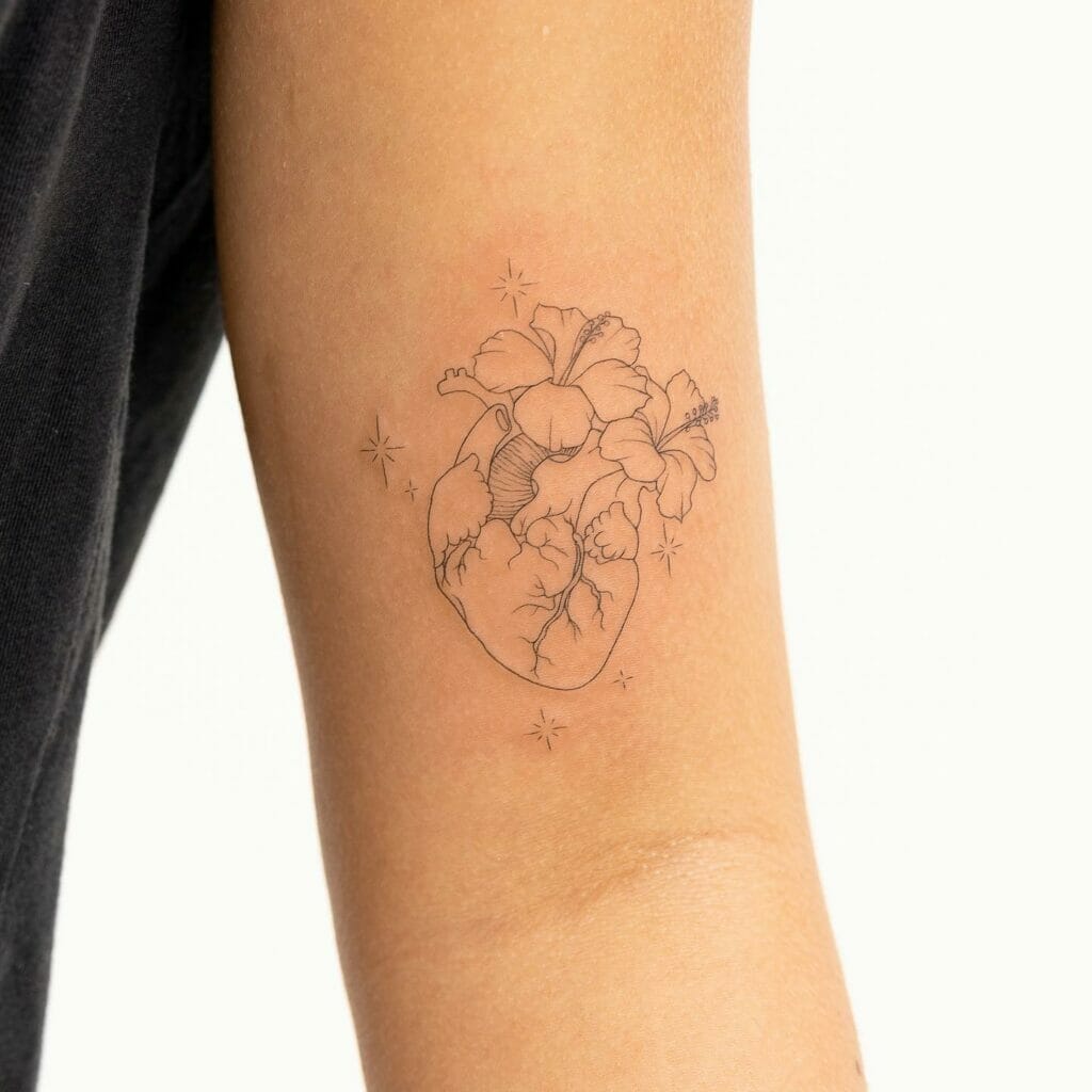 Heart And Hibiscus Flower Tattoos