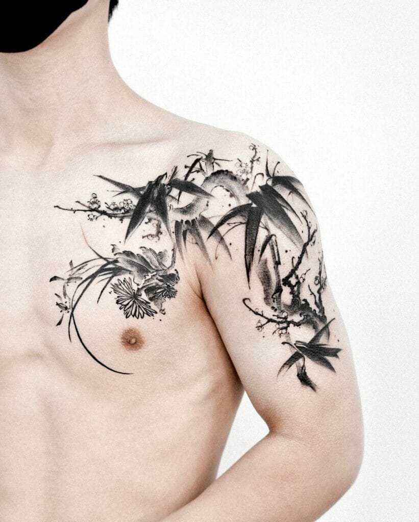 Amazing Black Ink Floral Shoulder Tattoos for Men
