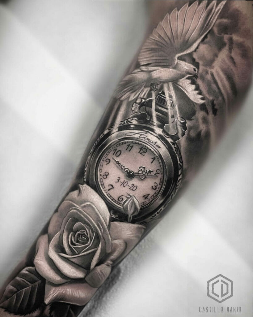 Beautiful Clock and Dove Tattoo Designs with Clouds