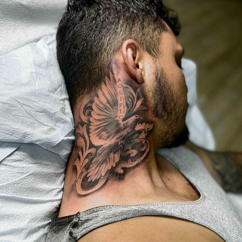 Fantastic Dove and Clouds Tattoo on Neck