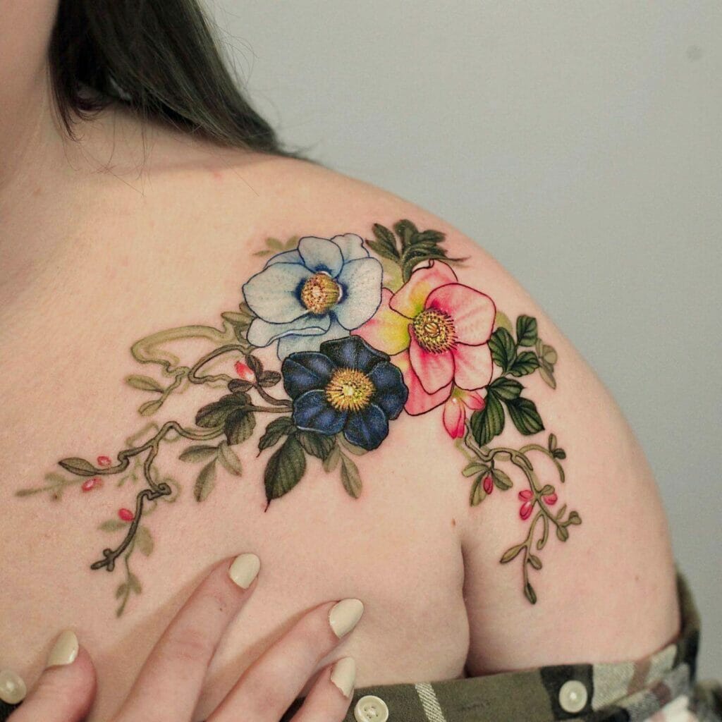 Fantastic Blue and Pink Shoulder Flower Tattoo Designs