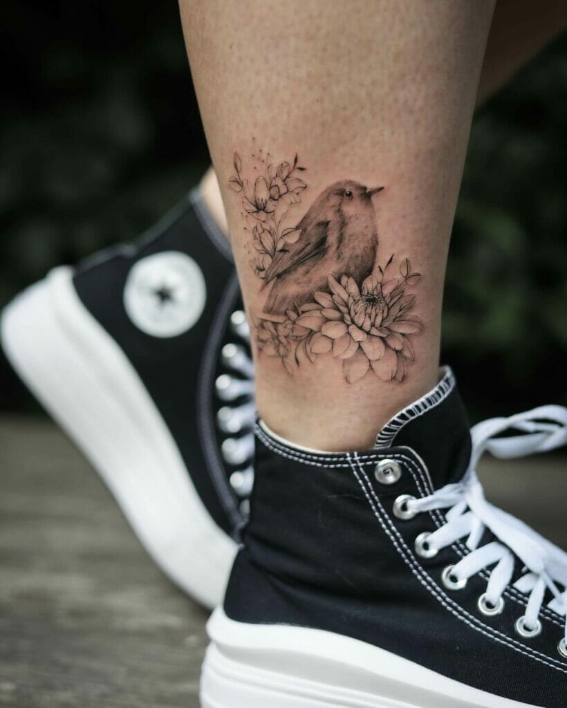 Bird With Black Dahlia Flower Tattoo