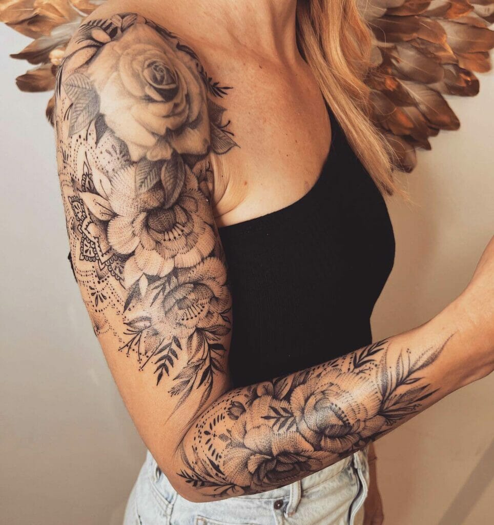 Fantastic Shoulder and Upper Arm Rose Tattoo Sleeve