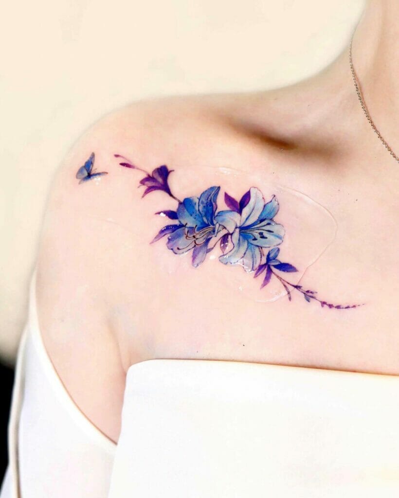Beautiful Flowers and Butterfly Shoulder Tattoos