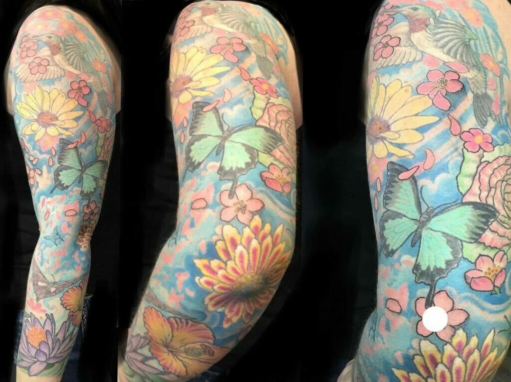 Vibrant Butterfly Sleeve Tattoo