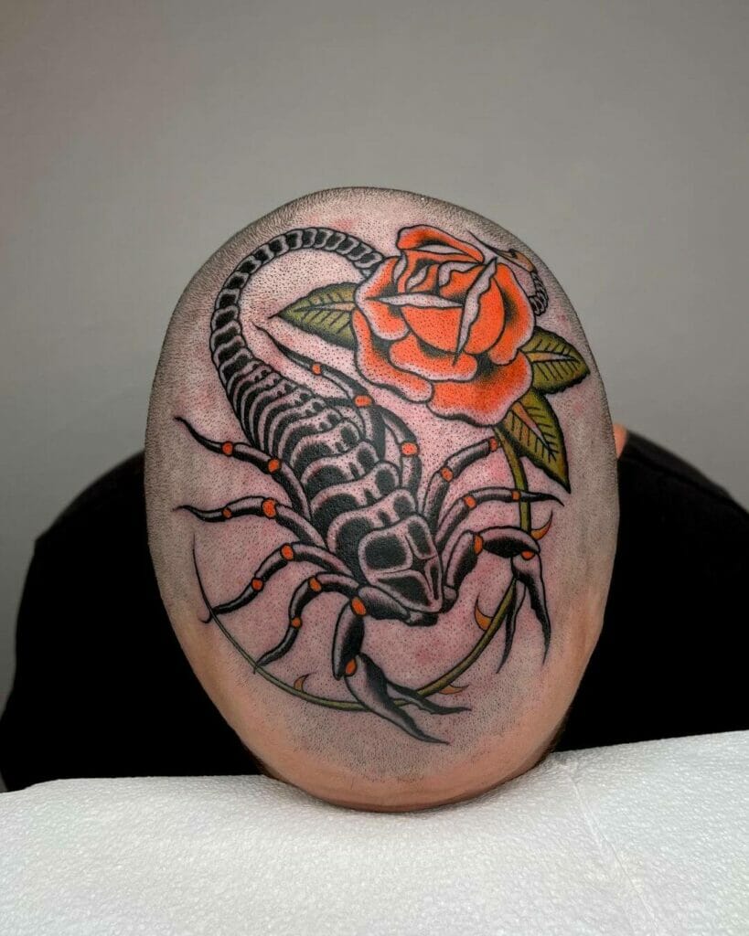 Scorpion Rose Tattoo On Head