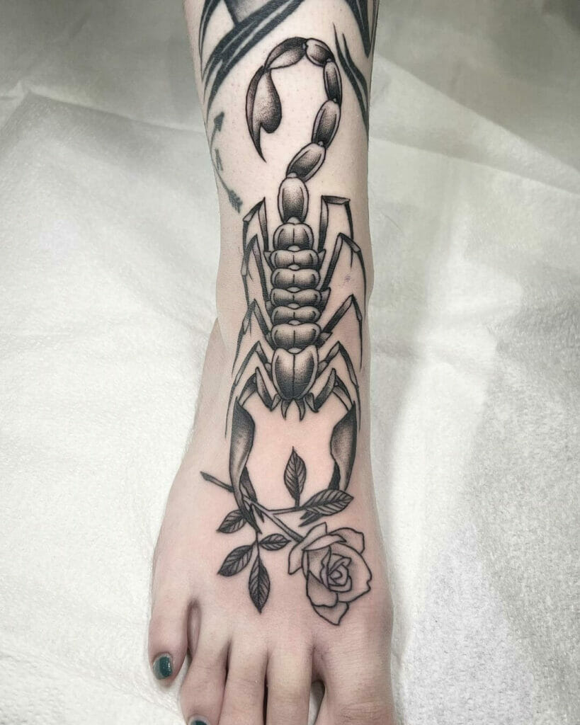Dark Scorpion Rose Tattoo For Feet