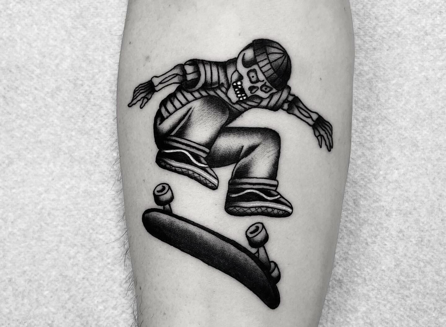 Tattoo uploaded by Tattoodo  Tattoo by Mick Hee  MickHeeskateboardingtattoos skatetattoos skateboarding skateboard  skateordie thrasher illustrative skeleton skull fire death  Tattoodo