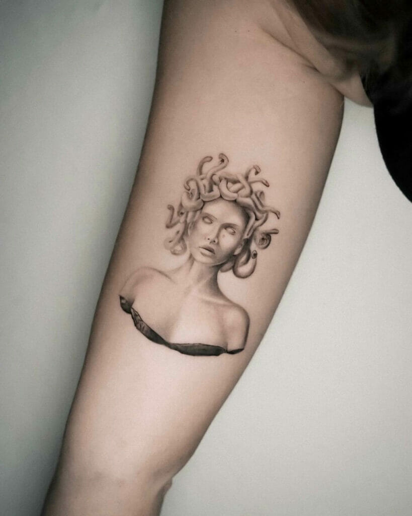 Medusa Tattoo With Black And Gray Brush Shading
