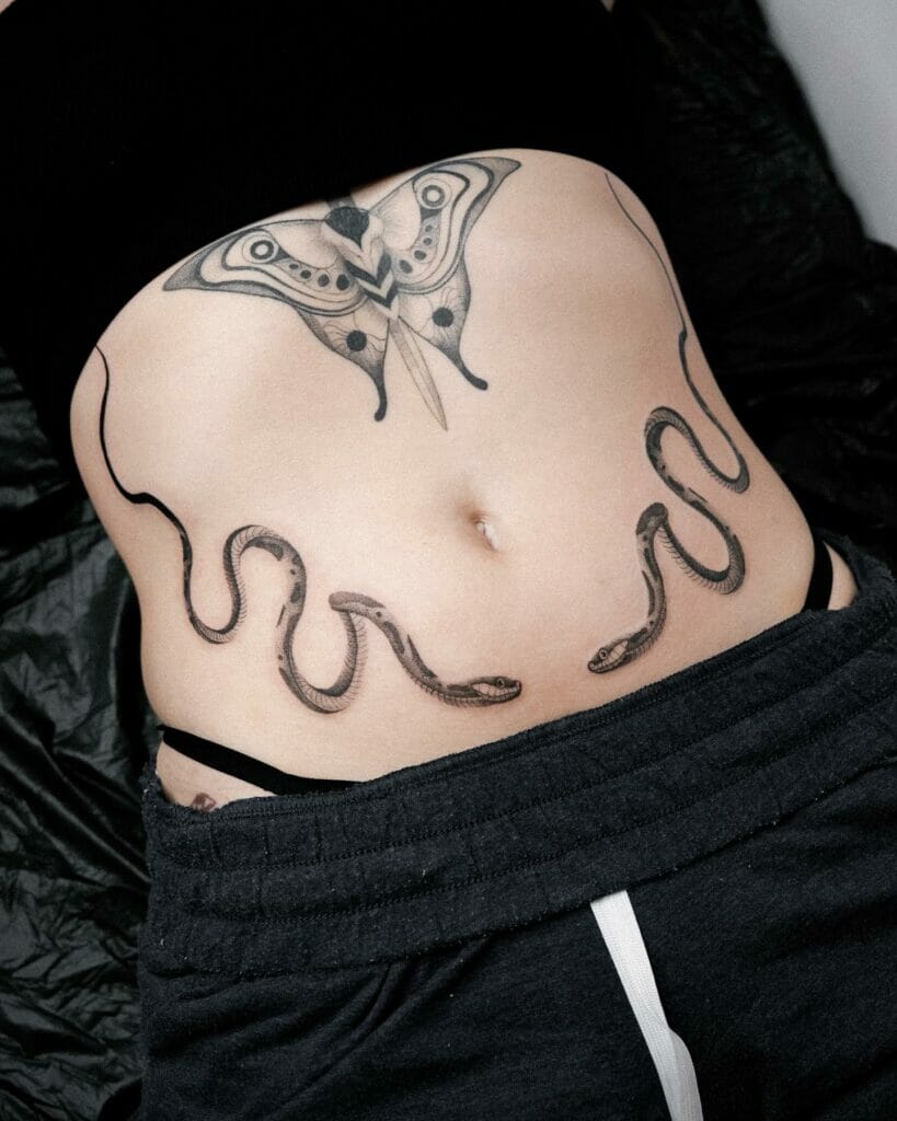 Black and Grey Snakes on Stomach Tattoo Ideas