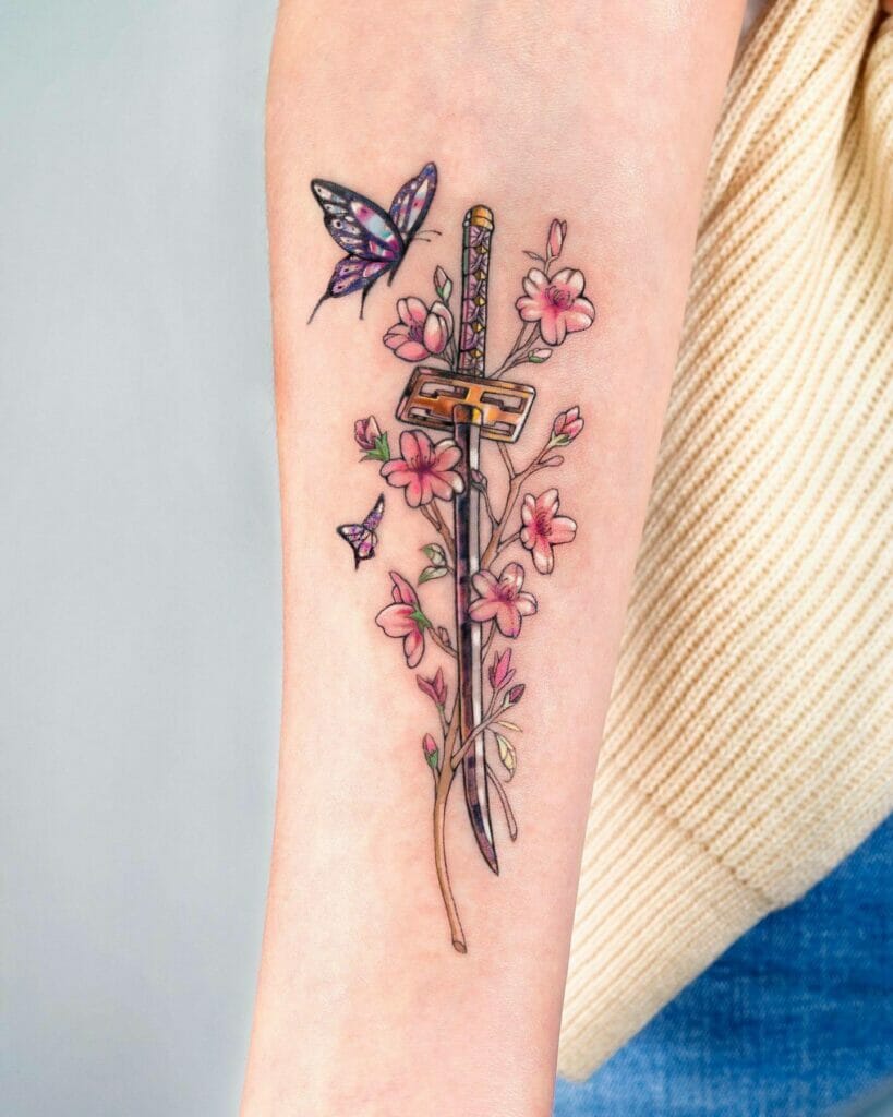 Butterfly And The Katana Sword Sleeve Tattoo