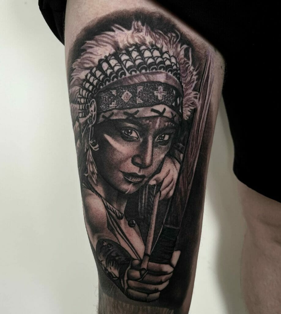 Native Wolf Tattoo With a Woman's Portrait