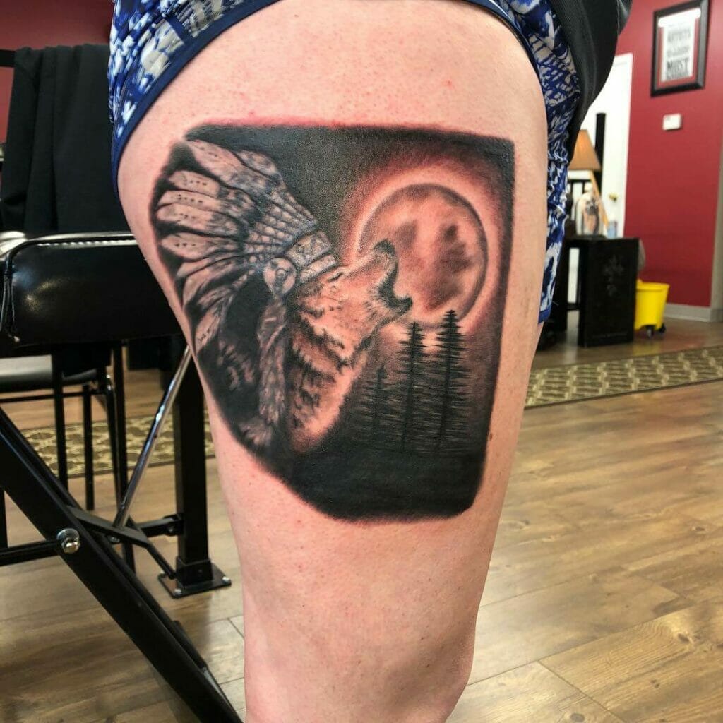 Native Howling Wolf Tattoo With a Moon in Background