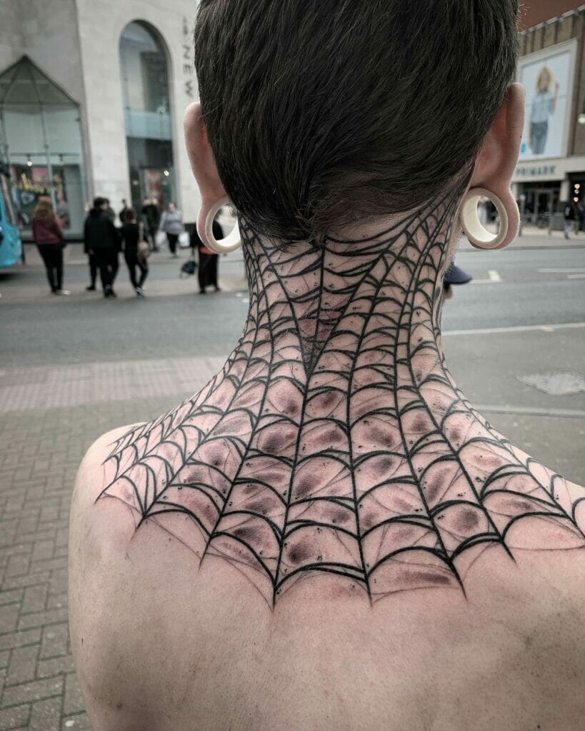 Three-Dimensional Spider Web Neck Tattoo