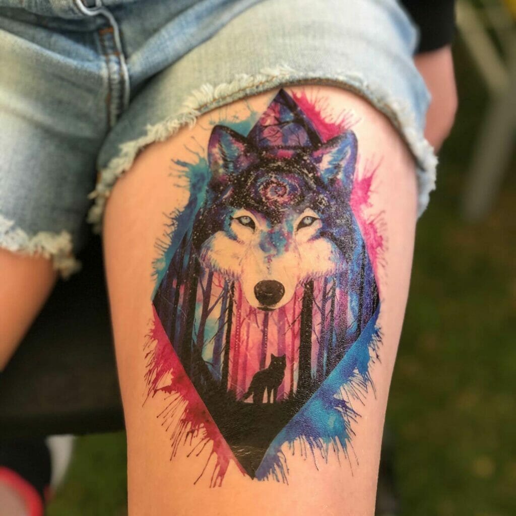 Native American Wolf Thigh Tattoo