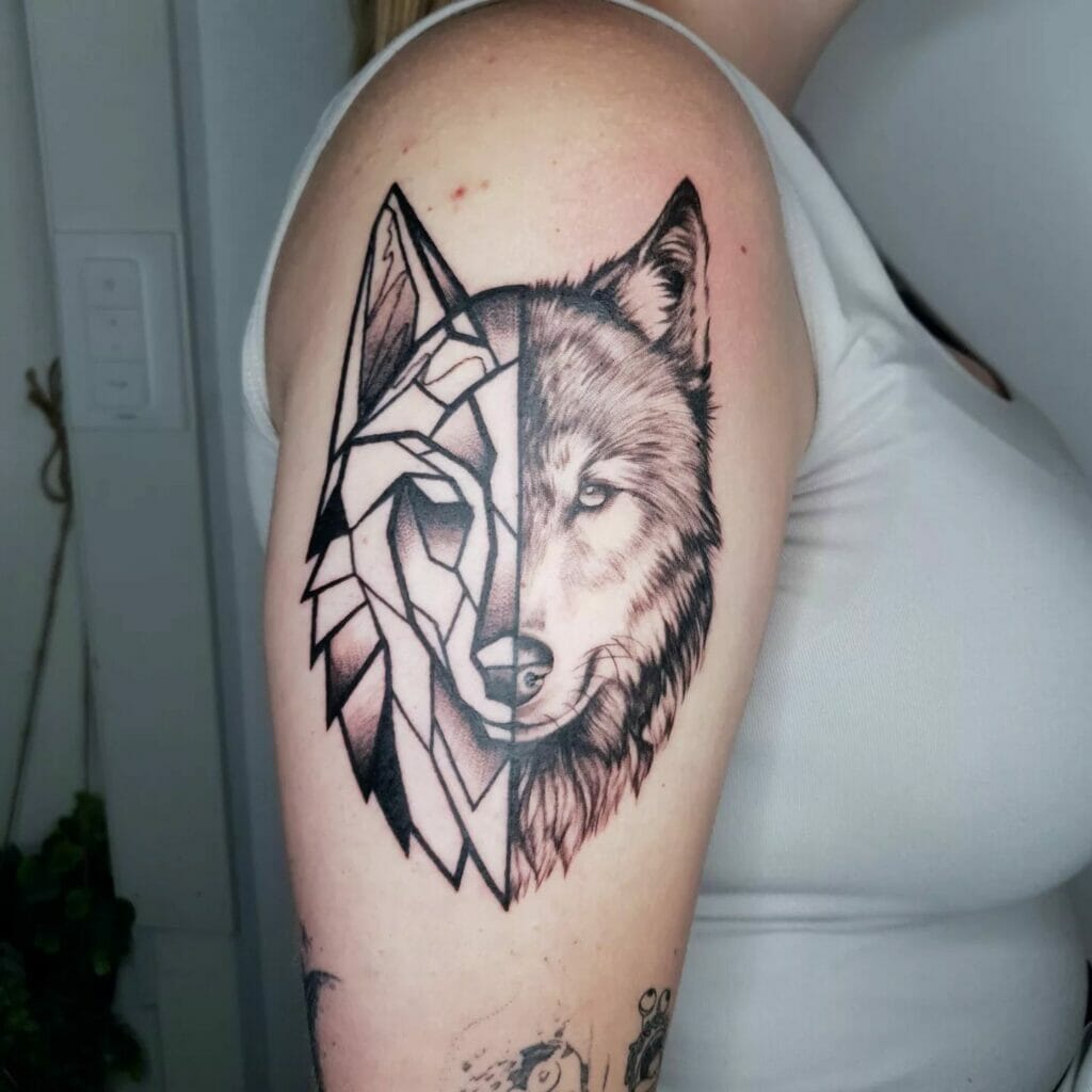 Half Portrait Half Geometric Wolf Tattoo