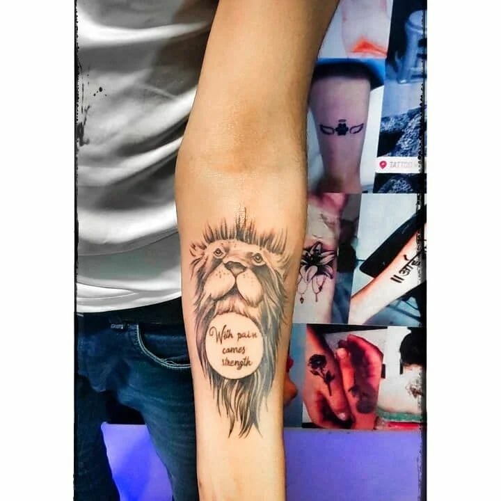 With Pain Comes Strength Lion Face Tattoo