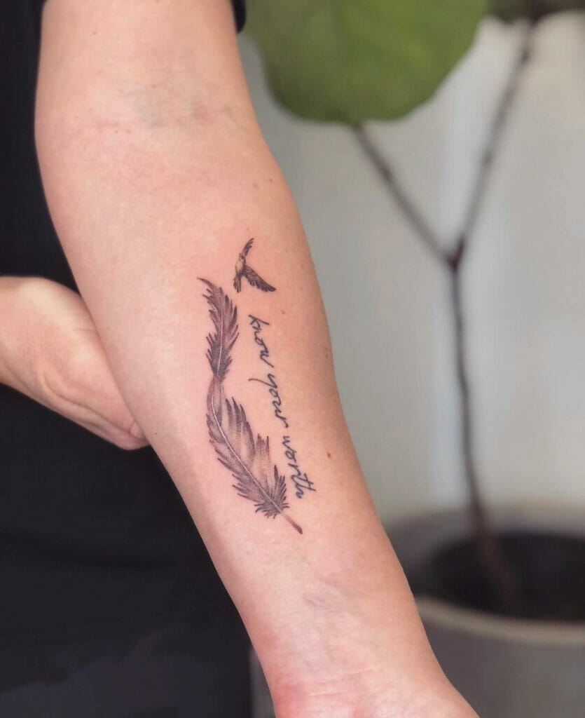 Black Turkey Feather Tattoo With Quotes