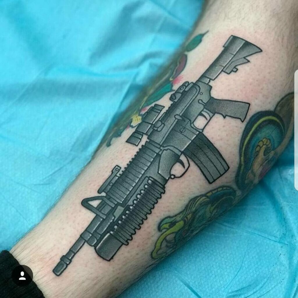Classic Black And Gray Ar 15 Tattoo For The Leg