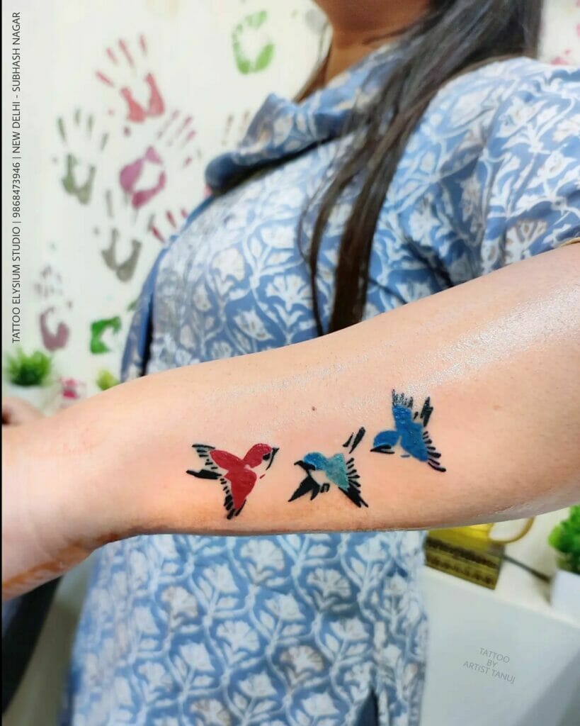 Colorful 3D Birds Tattoo