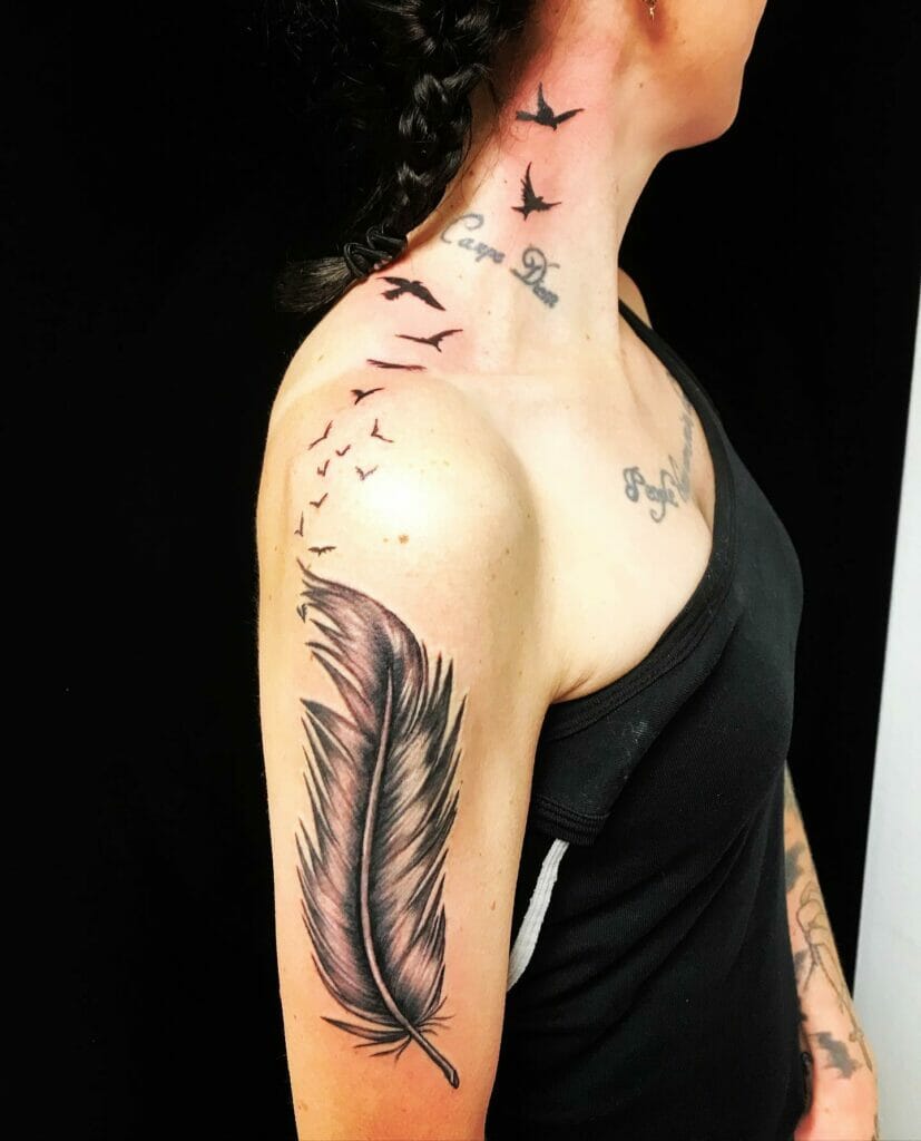 Cool feather Bird Tattoo With Quotes On Shoulder