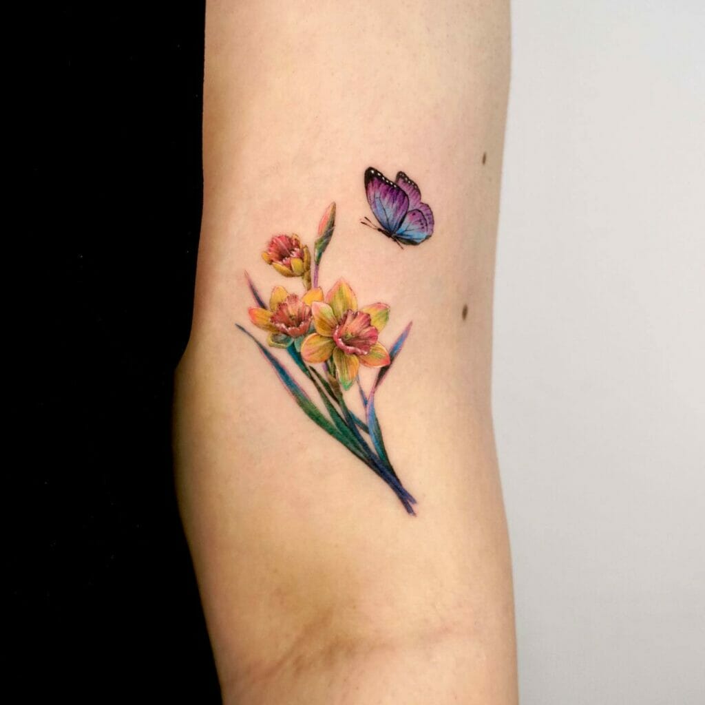 Daffodils March Birth Flower Tattoo With Butterfly