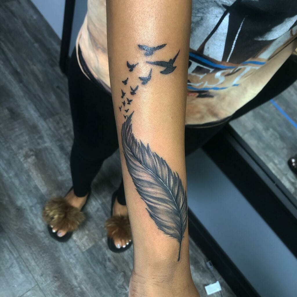 Feminine Feather Tattoo Designs With Flock Of Birds