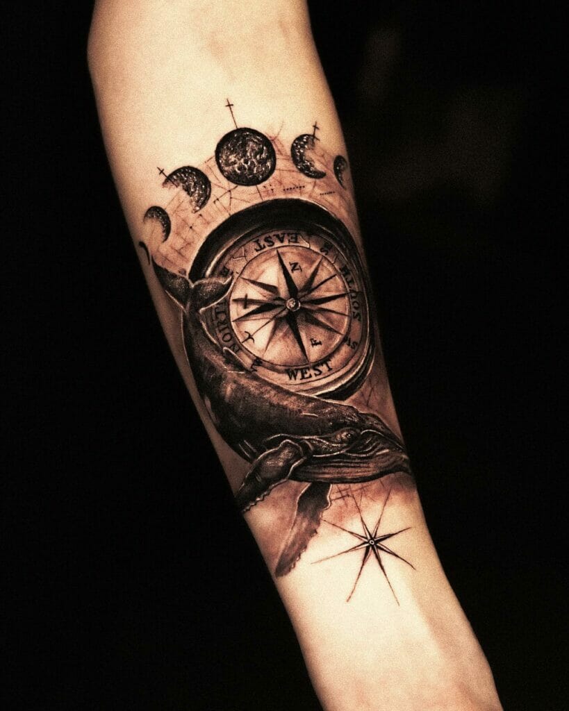 Realistic Whale And Compass Tattoos