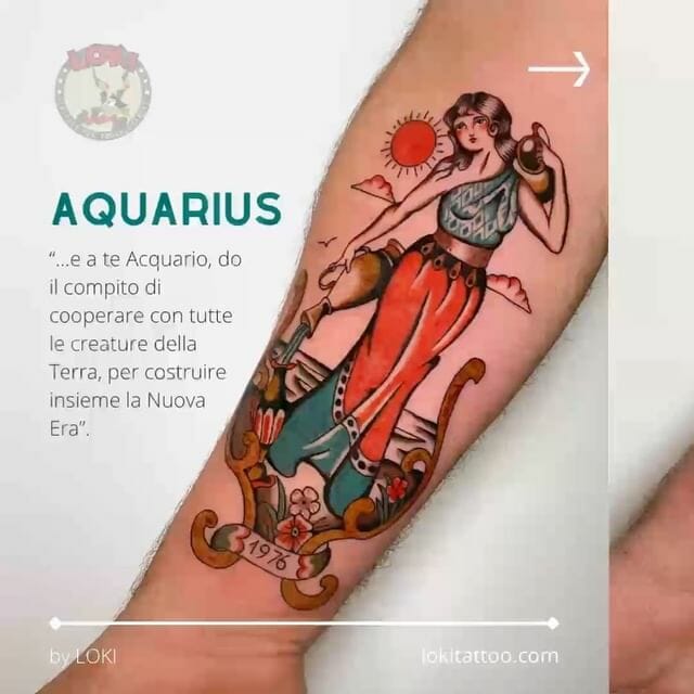 Traditional Aquarius Sign Tattoo For Ladies