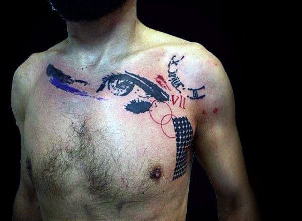 abstract eye male trash polka tattoo on chest Outsons