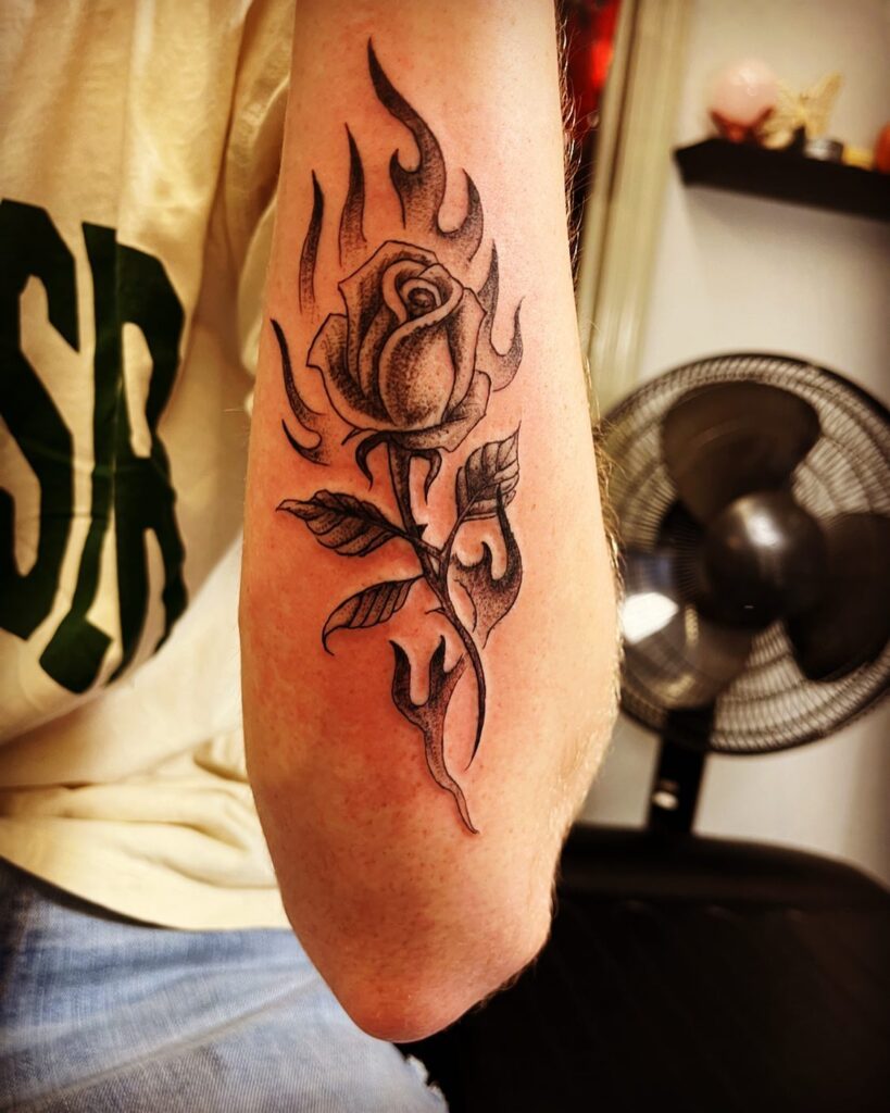 Rose On Fire Tattoo