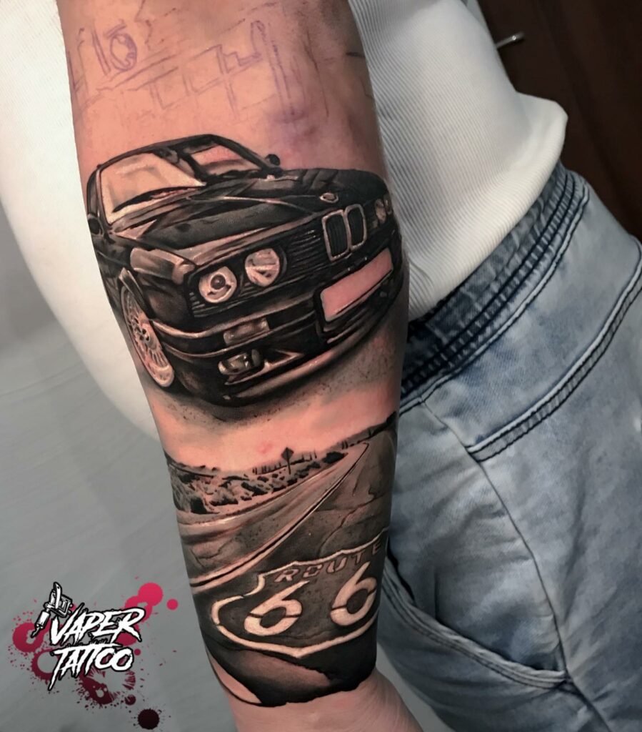 Black And Grey BMW Car Tattoo On the Arm