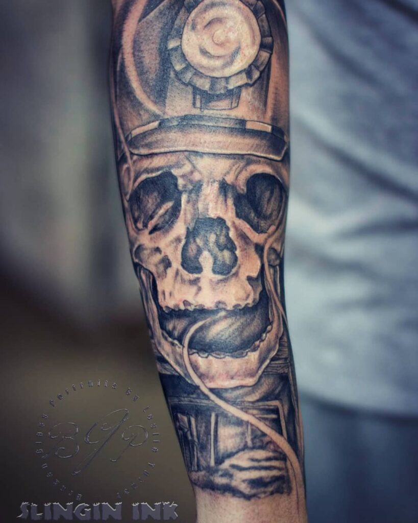Coal Mining Skull And Helmet Tattoo