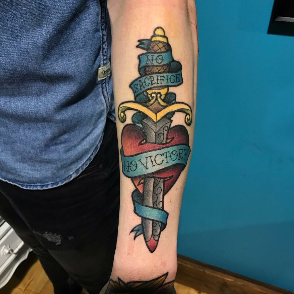 Dagger Thru Heart And Banner Tattoo