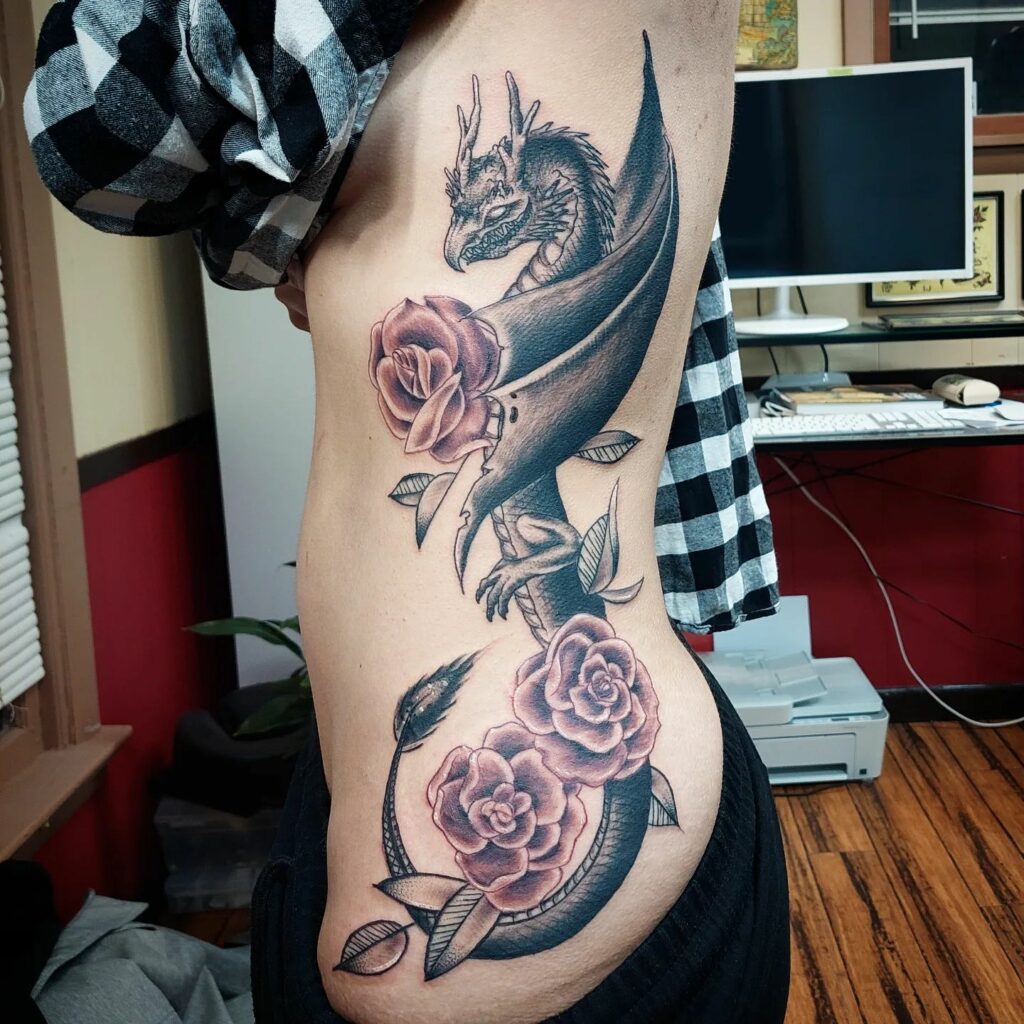 Gray Dragon Rib Tattoo