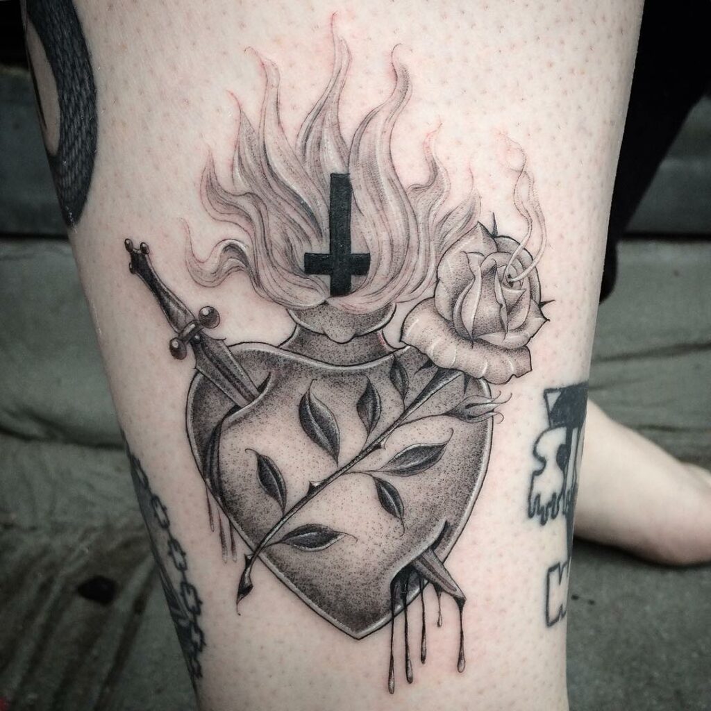 Heart And Cross Dagger Tattoo