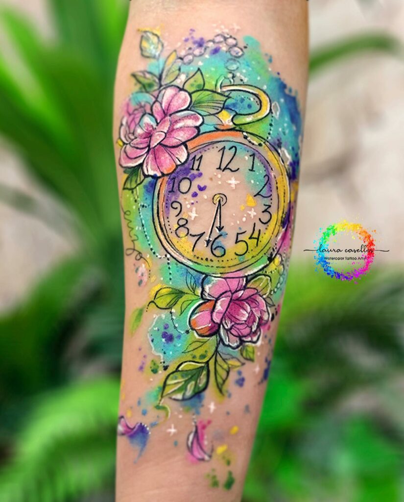 Watercolor Clock Tattoo
